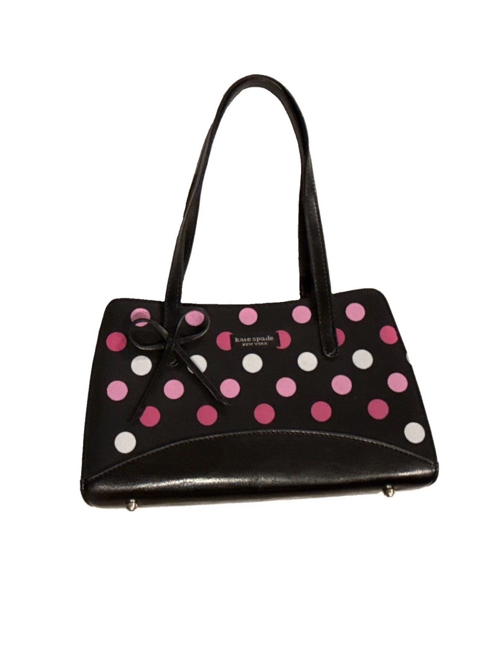 Kate Spade Black Polka Dot Shoulder Bag with Pink and White Dots and Black Bow